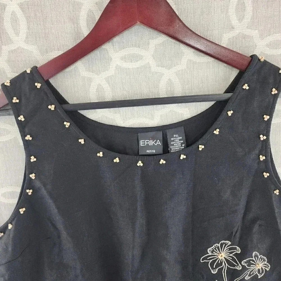 Erika Linen Blend Beaded Floral Black Crop Tank Top PXL - Picture 3 of 8